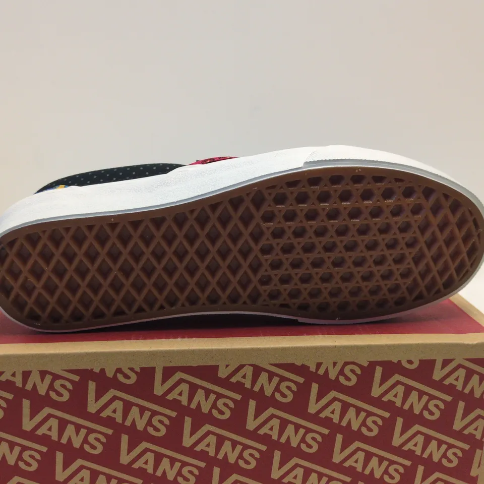 BOXED PAIR OF VANS CLASSIC SLIP-ON SHOES – TIE PRINT MIX, PINK/BLACK/YELLOW MULTI, WOMEN UK6
