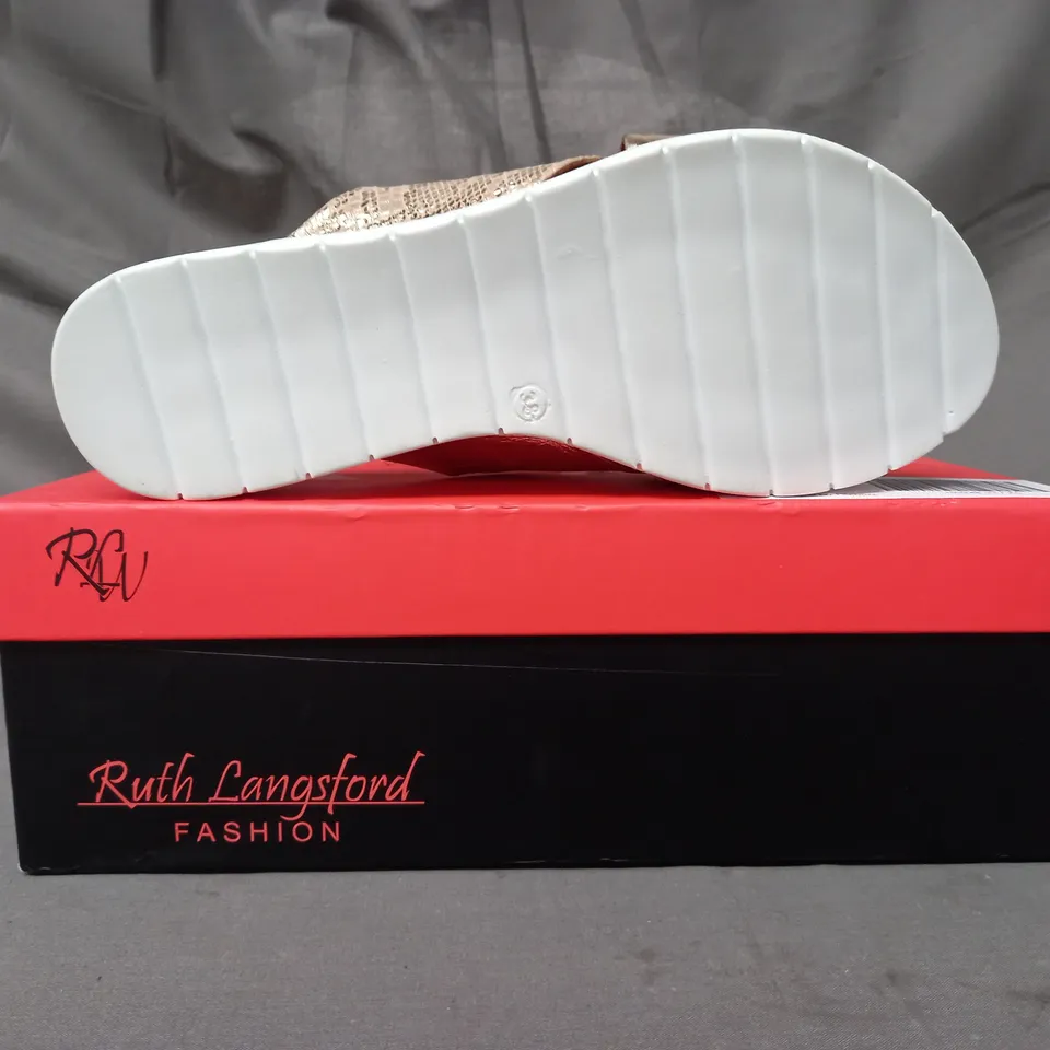 BOXED PAIR OF RUTH LANGSFORD FLAT SANDALS IN METALLIC CHAMPAGNE GOLD SIZE 5