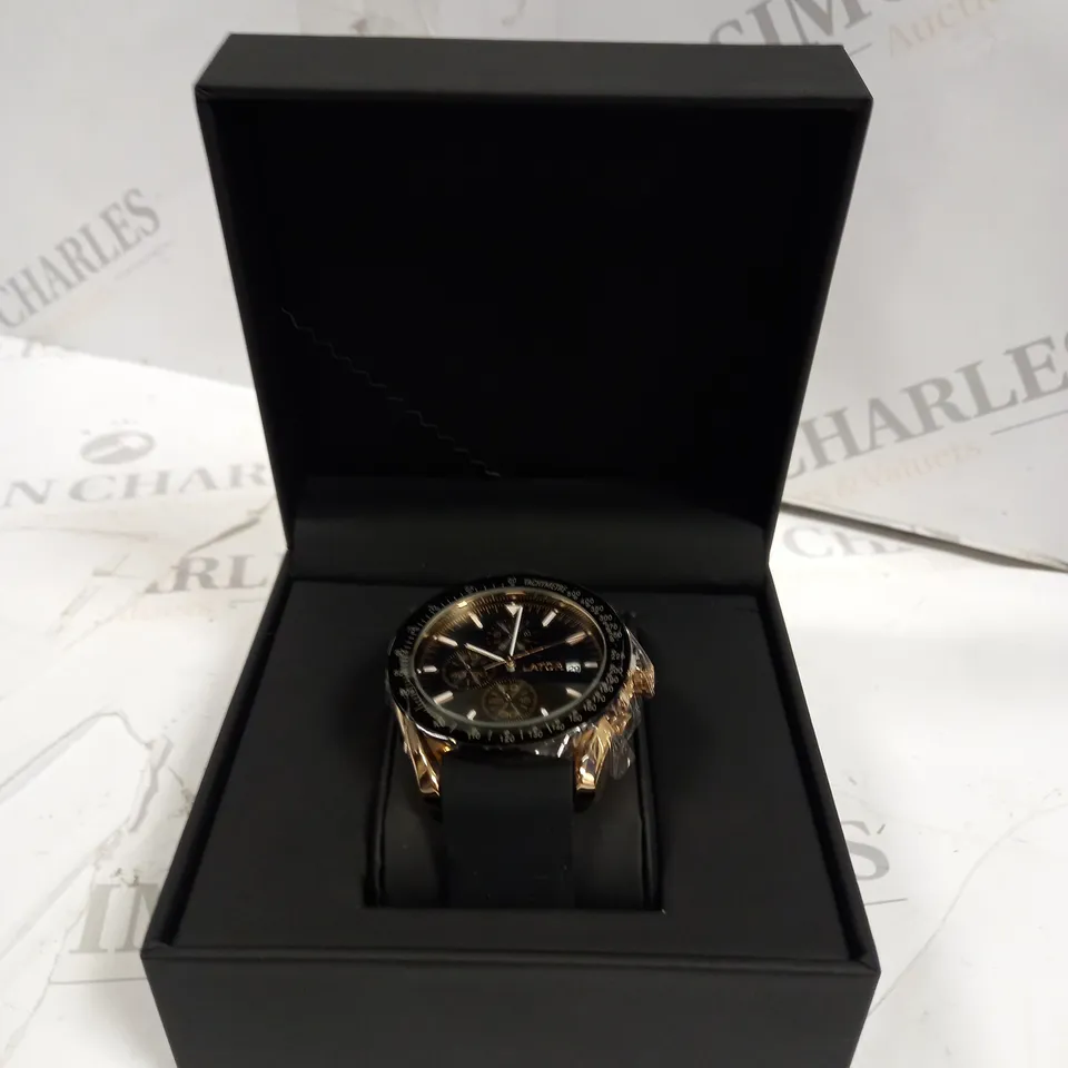 MEN’S LATOR CALIBRE L2842 CHRONOGRAPH WATCH – PREMIUM RUBBER STRAP – GOLD COLOUR CASE - BLACK DIAL & BEZEL – CHRONOGRAPH MOVEMENT