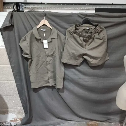 N9NE CLOTHING OLIVE GREEN SHORT-SLEEVE SHIRT + SHORTS SET – UK XL 