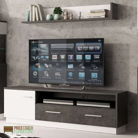 BOXED ZINGARO 1 DOOR 2 DRAWER WIDE TV CABINET - DARK LOFT/WHITE ALPINE (2 BOXES)