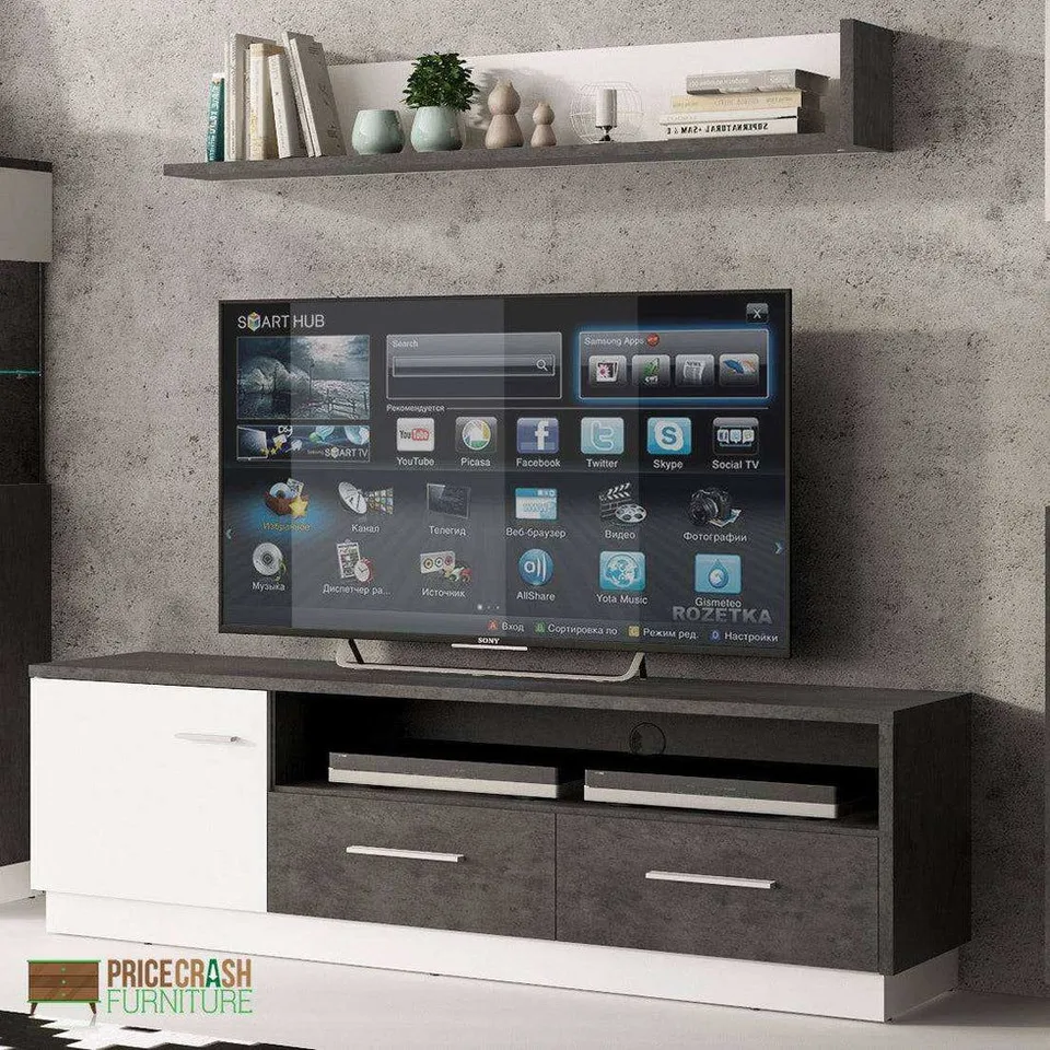 BOXED ZINGARO 1 DOOR 2 DRAWER WIDE TV CABINET - DARK LOFT/WHITE ALPINE (2 BOXES)
