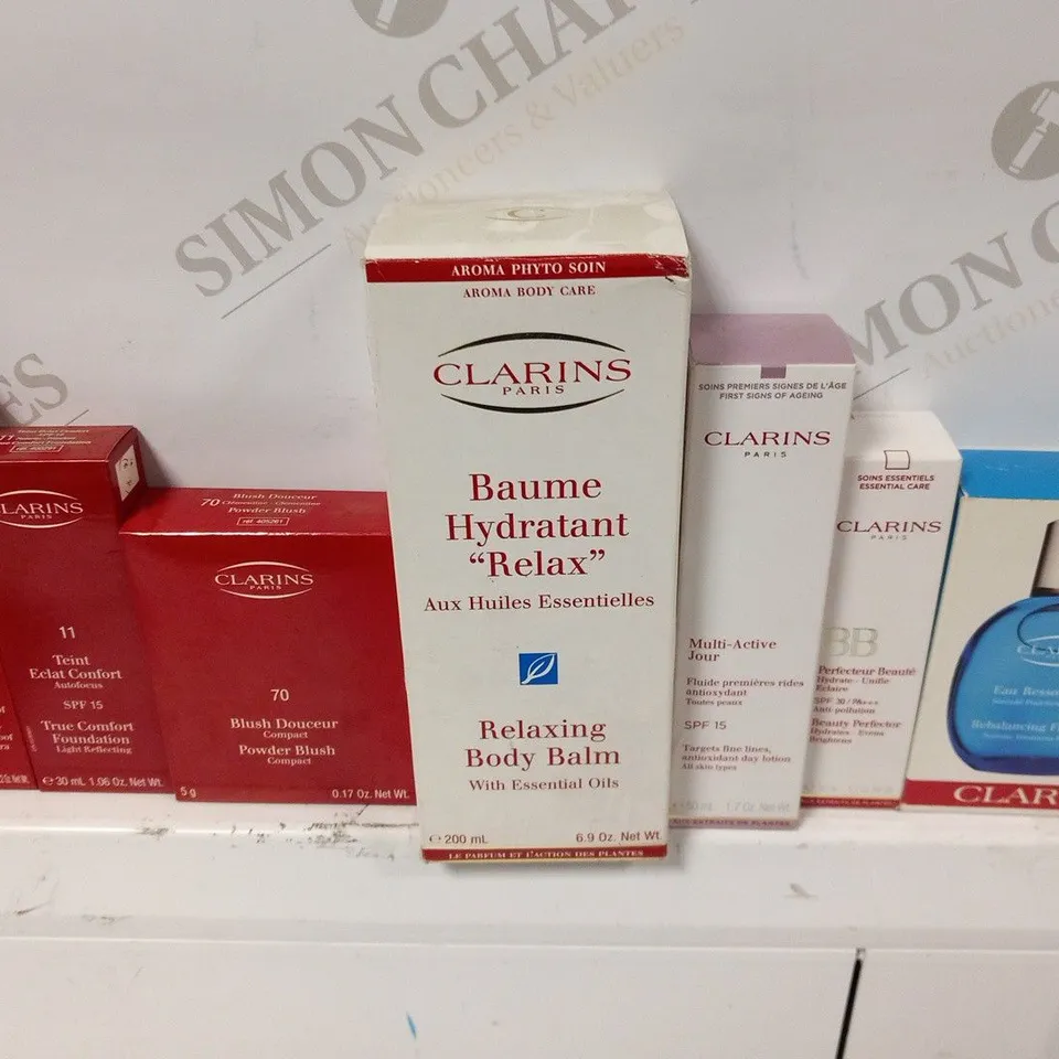 APPROXIMATELY 50 ASSORTED BOXED CLARINS PARIS COSMETICS PRODUCTS TO INCLUDE;