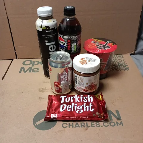 TOTE OF APPROXIMATELY 20 ASSORTED FOOD/DRINK ITEMS TO INCLUDE HUEL BLACK EDITION, PEPSI MAX, DIABLO HAZELNUT AND CHOCOLATE SPREAD, TURKISH DELIGHT, DIET COKE ETC
