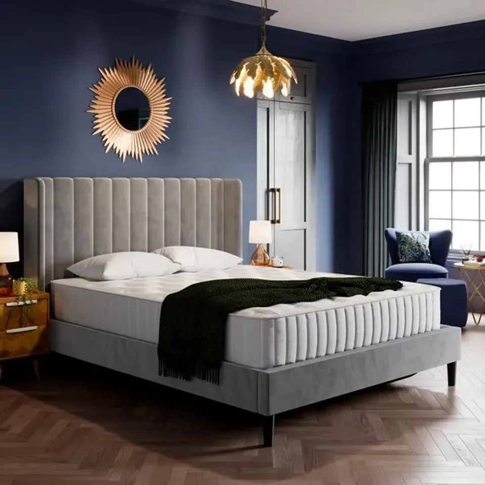 BOXED ALARA PLEATED OTTOMAN 5FT KING BED FRAME, VELVET - GREY (3 BOXES)