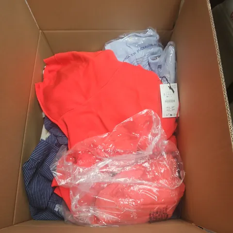 BOX OF APPROXIMATELY 25 ASSORTED CLOTHING ITEMS IN VARIOUS STYLES , COLOURS AND SIZES 