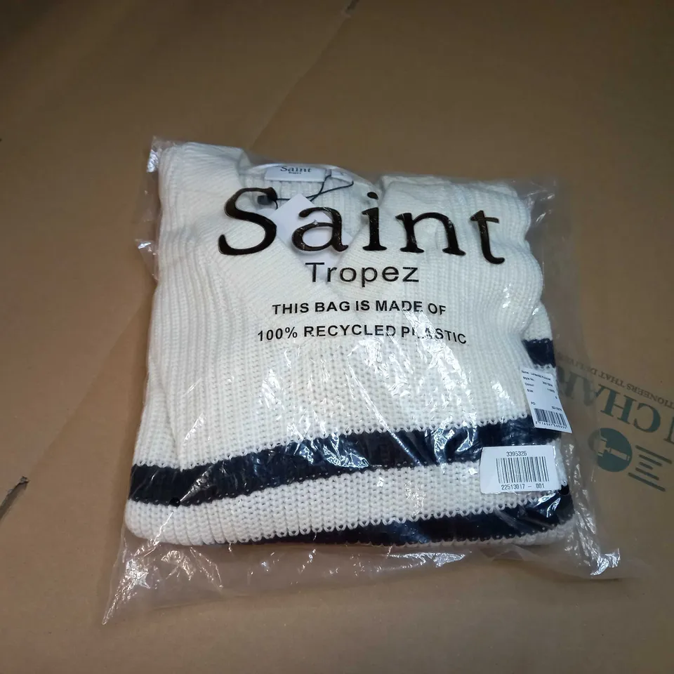 PACKAGED SAINT TROPEZ CREAM/BLACK V NECK PULLOVER - SMALL