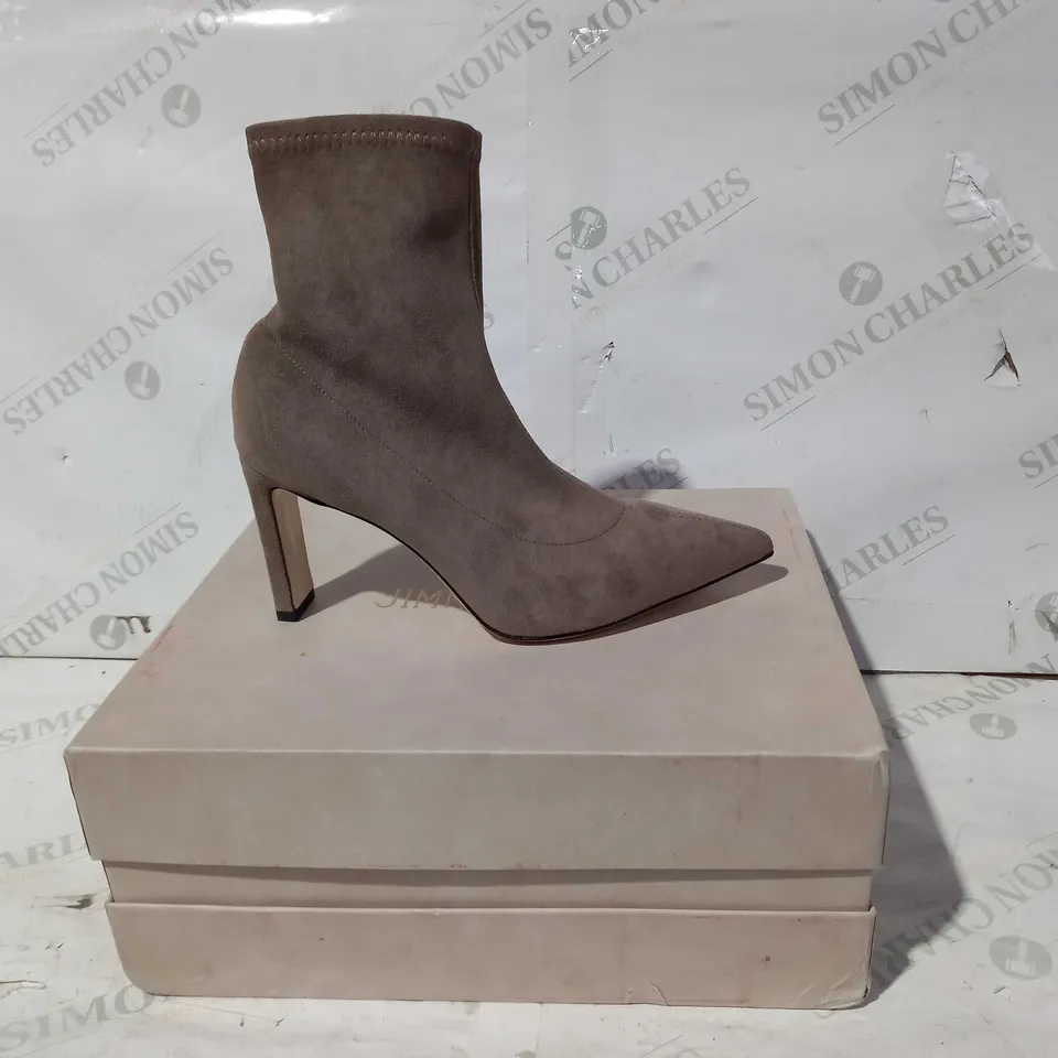 BOXED PAIR OF JIMMY CHOO HEELED FAUX SUEDE BOOTS IN KHAKI EU SIZE 38