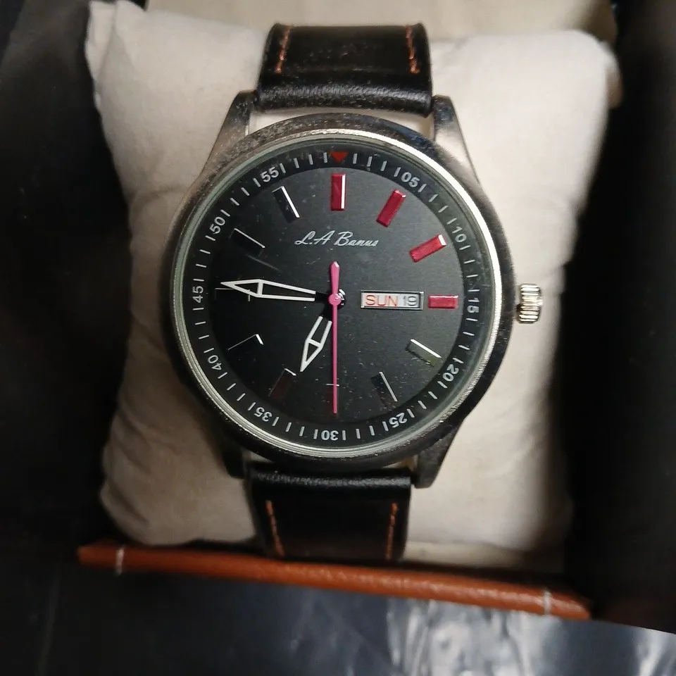 L.A BANUS WRISTWATCH – BLACK DIAL, LEATHER STRAP, BOXED