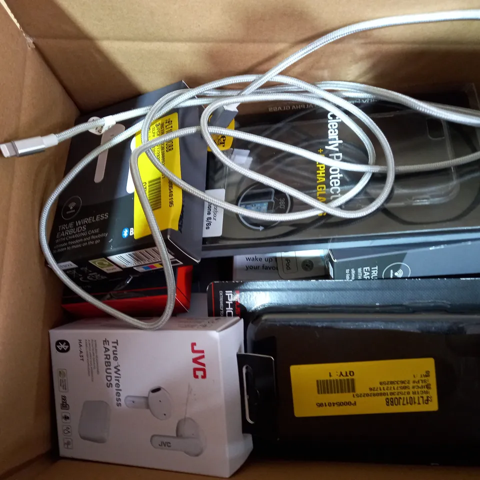 LOT OF APPROX. 15 ITEMS TO INCLUDE JVC HA-A3T WIRELESS HEADPHONES, BLACKWEB INDUSTRIAL IPHONE X/XS CASE, BLACKWEB MICRO USB TO USB-A CABLE, ASDA TECH WIRELESS EARBUDS, ONN FM ALARM CLOCK, ETC. 