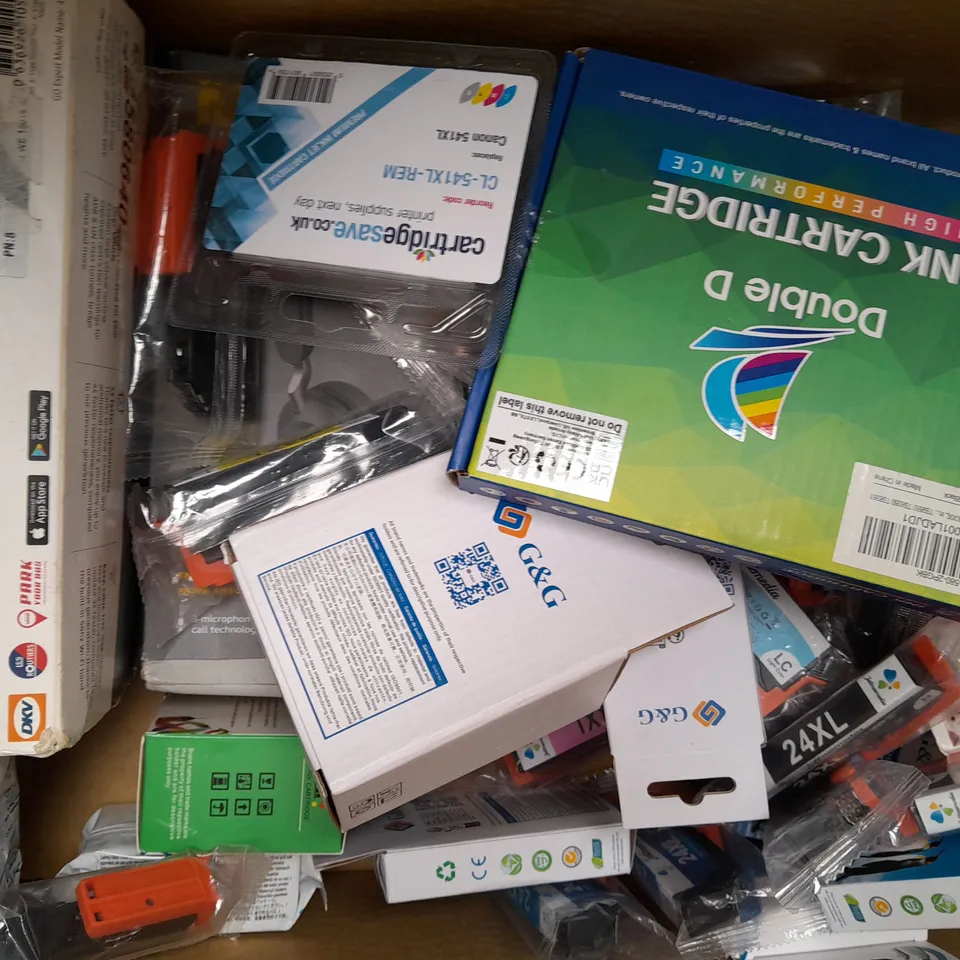 BOX OF APPROXIMATELY 10 ASSORTED ELECTRICAL ITEMS TO INCLUDE JABRA ELITE 85T EARBUDS, SUBLINOVA DYE SUBLIMATION INK, ETC