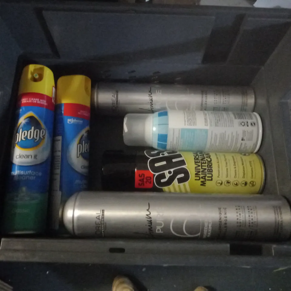BOX OF APPROX 10 ASSORTED AEROSOLS INCLUDING PLEDGE MULTISURFACE CLEANER, S.A.S UNIVERSAL MAINTENANCE LUBRICANT AND LOREAL INFINIUM PURE HAIRSPRAY - COLLECTION ONLY