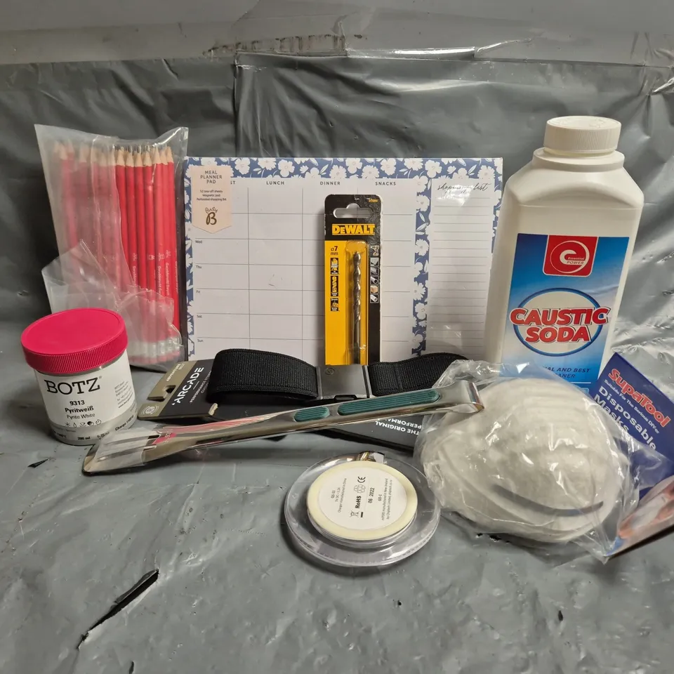 APPROXIMATELY 12 ASSORTED HOUSEHOLD ITEMS TO INCLUDE CAUSTIC SODA DRAIN CLEANER, PENCILS, DISPOSABLE MASKS, ETC