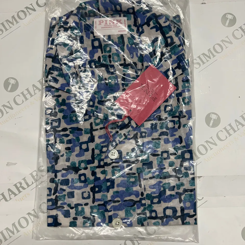 THOMAS PINK RESORT FIT CASUAL PRINTED COTTON SHIRT IN BLUE SIZE S