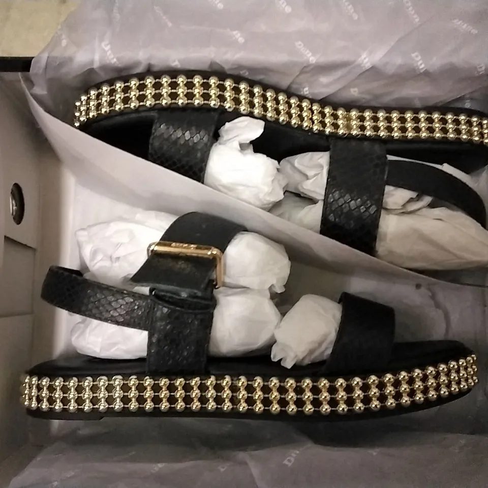 3 SHOE BOXES OF DUNE SHOES CONTAINING BLACK-REPTILE LEATHER DETAILED FLATFORM SANDLES SIZE 4