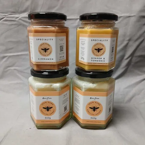 FOUR TUBS OF ASSORTED HOME FARM ENGLISH HONEY TO INCLUDE; 340G 100%PURE HONEY, 227G GINGER AND TURMERIC AND 227G CINNAMON