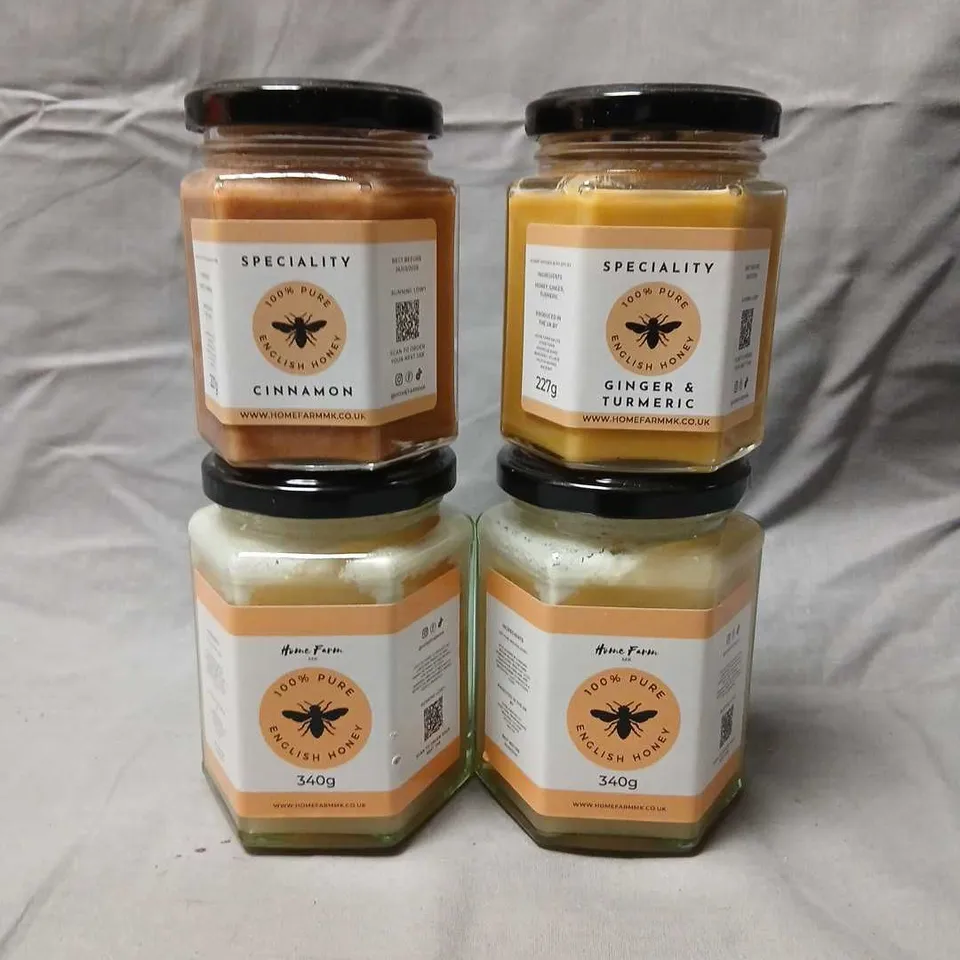 FOUR TUBS OF ASSORTED HOME FARM ENGLISH HONEY TO INCLUDE; 340G 100%PURE HONEY, 227G GINGER AND TURMERIC AND 227G CINNAMON