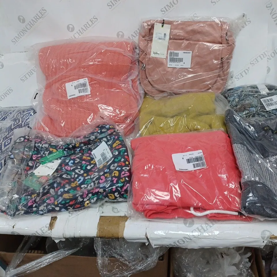 BOX OF CLOTHES TO INCLUDE KIPLING WARM ROSE CLASSIC BAG, ETC