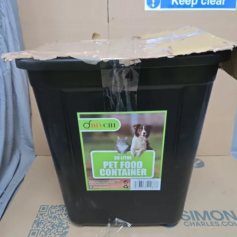 30 LITRE PET FOOD CONTAINER – BLACK PLASTIC WITH GREEN LABEL