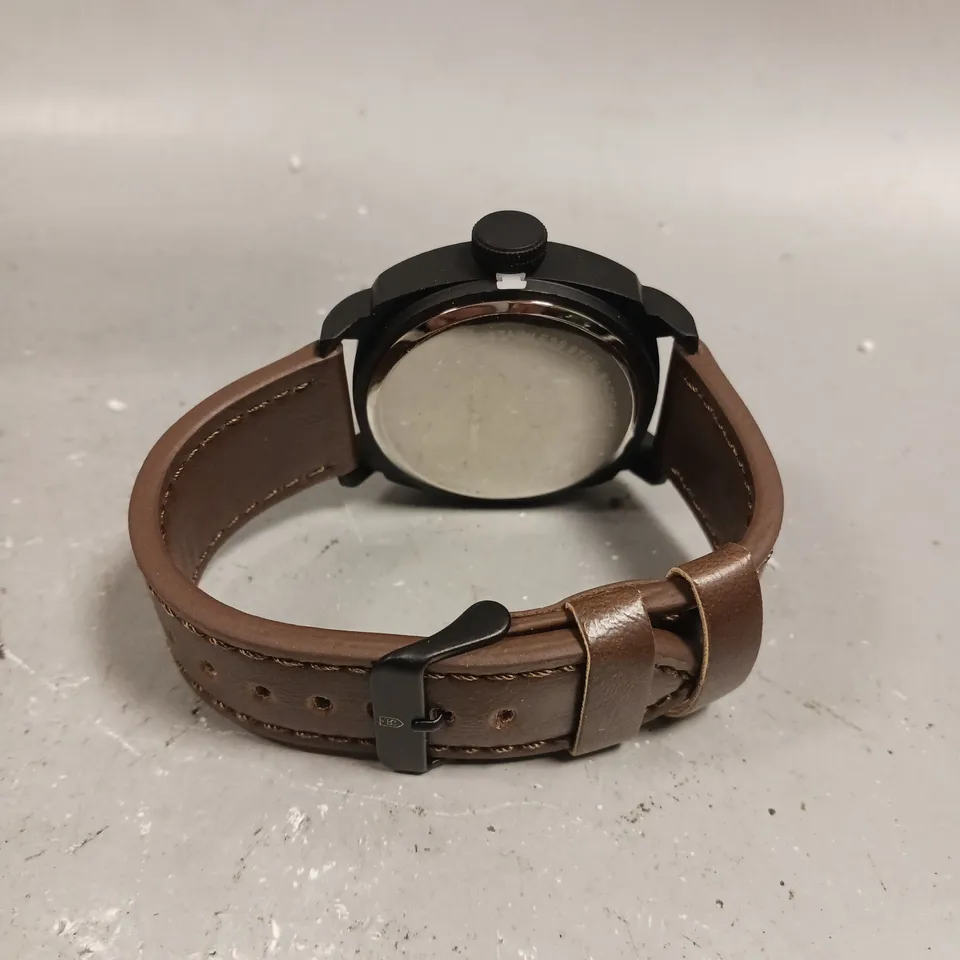 MENS FRANK SCHMIDT WATCH – LARGE BLACK CASE – BLACK PILOT DIAL – BROWN LEATHER STRAP