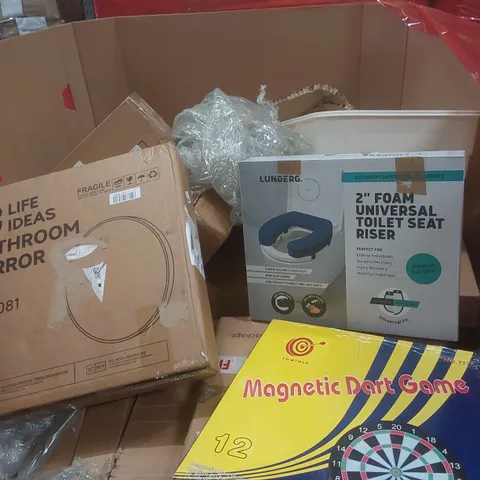 PALLET CONTAINING A VERY LARGE QUANTITY OF ASSORTED ITEMS INCLUDING: BATHROOM MIRROR, MAGNETIC DART BOARD, FOAM UNIVERSAL TOILET SEAT ECT
