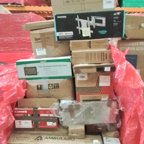 PALLET CONTAINING VARIOUS ASSORTED BOXED HOUSEHOLD ITEMS TO INCLUDE: INFARED HEATING PAD, CANON PRINTER, PC MONITOR, TV WALL MOUNT AND LOTS MORE UNMARKED BOXED ITEMS
