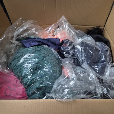 LARGE BOX OF ASSORTED CLOTHING ITEMS IN VARIOUS STYLES, SIZES AND COLOURS