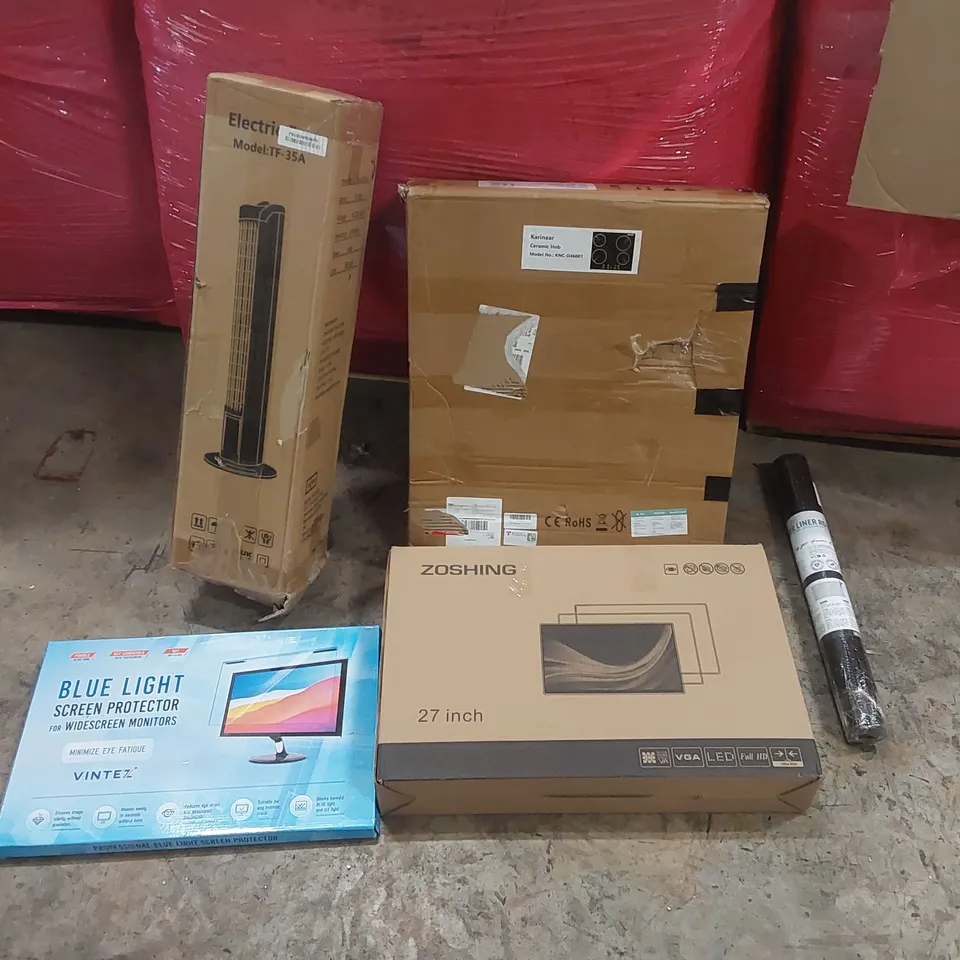 PALLET OF ASSORTED ITEMS INCLUDING: CERAMIC HOB, FULL HD MONITOR, ELECTRIC FAN, BLUE LIGHT SCREEN PROTECTOR, DRAWER LINER ECT