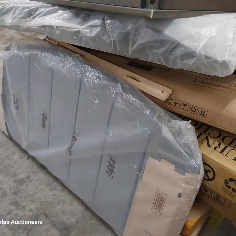 PALLET OF ASSORTED BOXED FURNITURE PARTS, HEADBOARD, TABLE TOP, RADIATOR COVER, DECORATIONS.