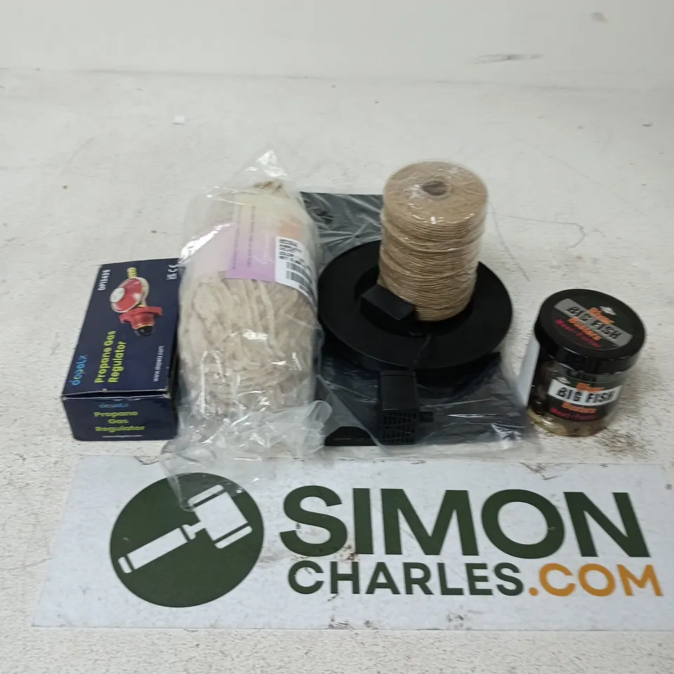 APPROXIMATELY 12 ASSORTED HOUSEHOLD ITEMS TO INCLUDE STRING, PROPANE GAS REGULATOR, RIVER BIG FISH BUSTERS, ETC
