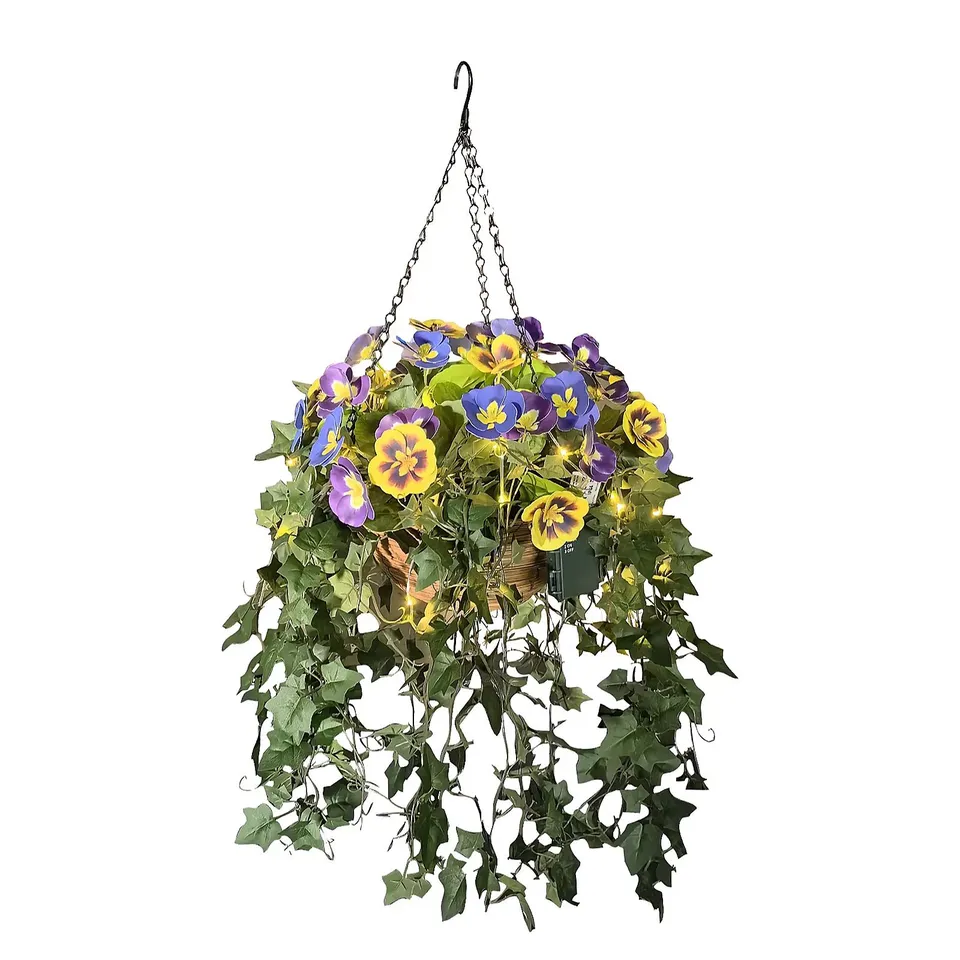 GARDEN REFLECTIONS PRE-LIT FAUX FLORAL &TRAILING IVY HANGING BASKET
