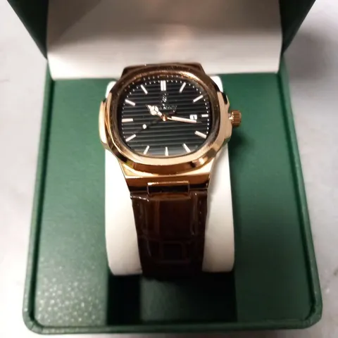 BOXED FRANK SCHMIDT ROSE GOLD FRAMED WRIST WATCH WITH BLACK FACE AND BROWN SNAKE EFFECT STRAP