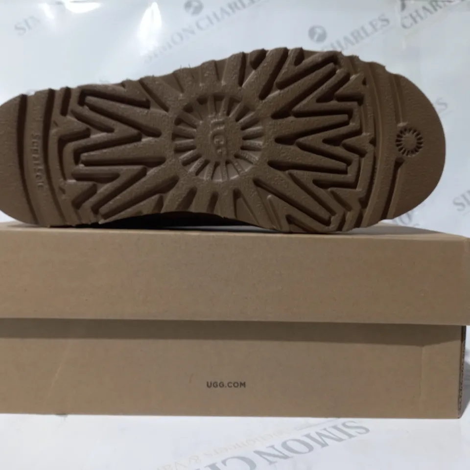 BOXED PAIR OF UGG FAUX FUR LINED SLIP-ON SHOES IN TAN UK SIZE 7
