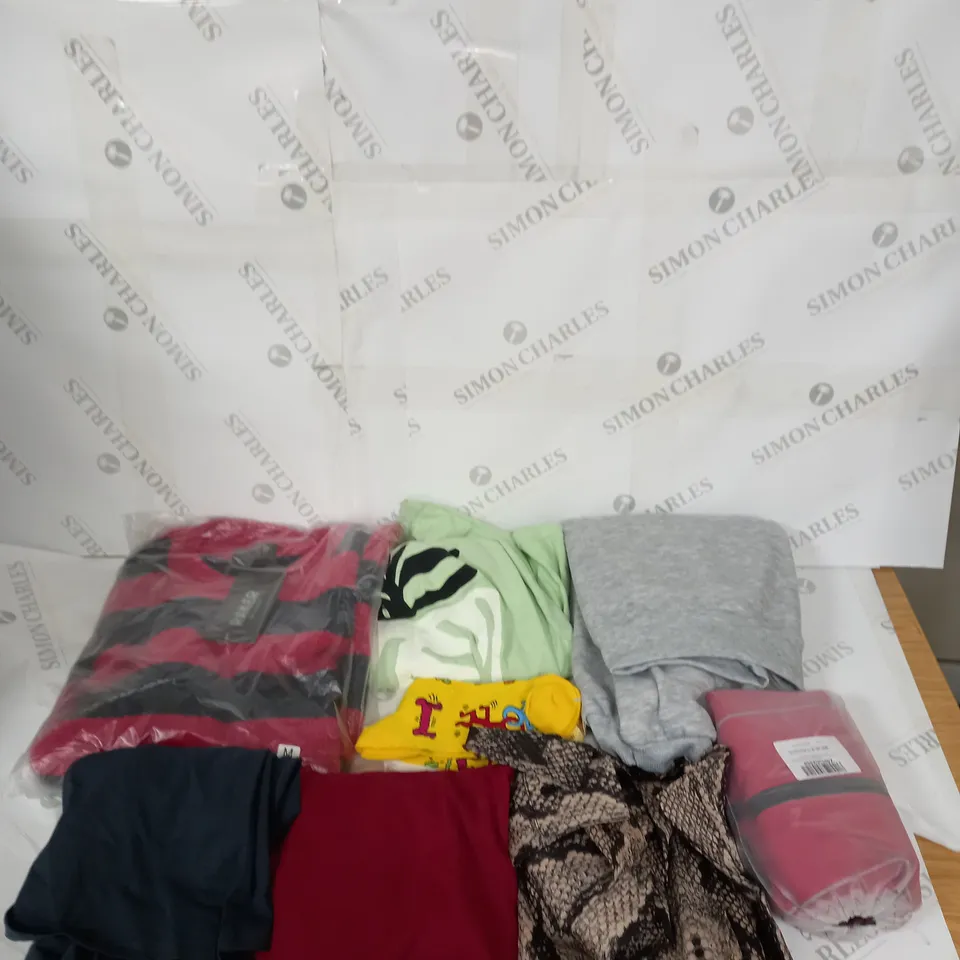 LARGE BOX OF ASSORTED CLOTHING ITEMS IN VARIOUS COLOURS AND SIZES INCLUDING TROUSERS , TOPS AND JUMPERS 