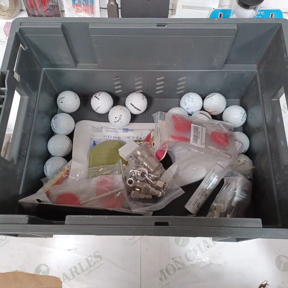 BOX TO CONTAIN APPROX. 30 X ASSORTED HOUSEHOLD PRODUCTS. INCLUDES A LARGE ASSORTMENT OF GOLF BALLS, PAINT BRUSHES, DIY TOOLS, HOME ITEMS ETC 