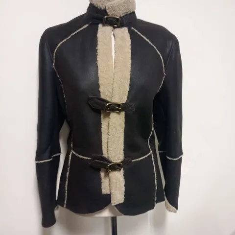FARRUTX BROWN LEATHER AND FAUX FUR BUCKLED JACKET SIZE 44