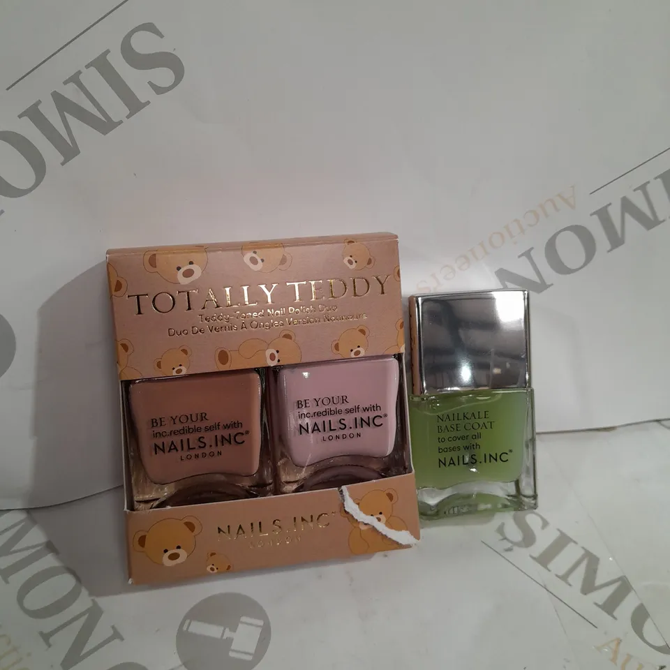 BOX OF 3 NAIL PRODUCTS TO INCLUDE TOTALLY TEDDY DUO, NAILKALE BASE COAT.