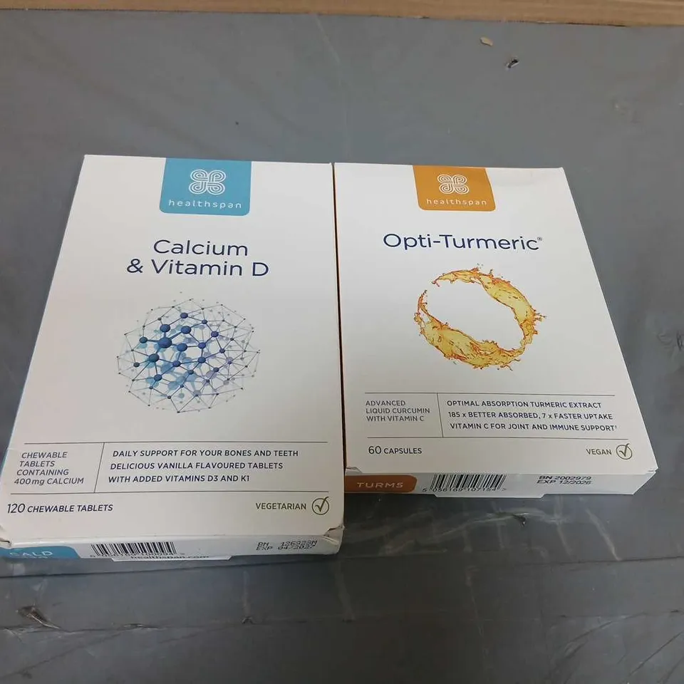 SEVEN ASSORTED HEALTHSPAN PACKS TO INCLUDE;  CALCIUM & VITAMIN D AND OPTI-TURMERIC SUPPLEMENTS 