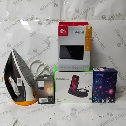 BOX OF APPROX 10 ASSORTED ITEMS TO INCLUDE - BELKIN CHARGER - PHILIPS HUE LIGHT BULBS - TWINKLY CANDIES ECT