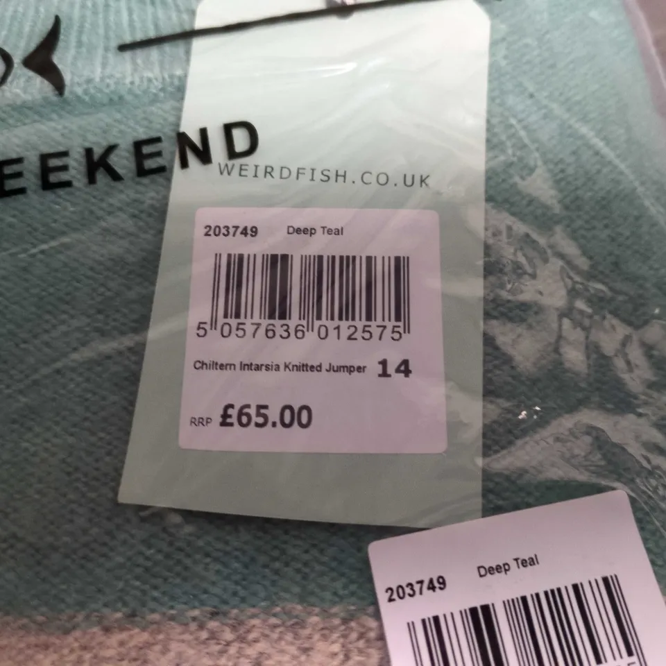 WEIRD FISH CHILTERN INTARSIA KNITTED JUMPER – DEEP TEAL – UK 14