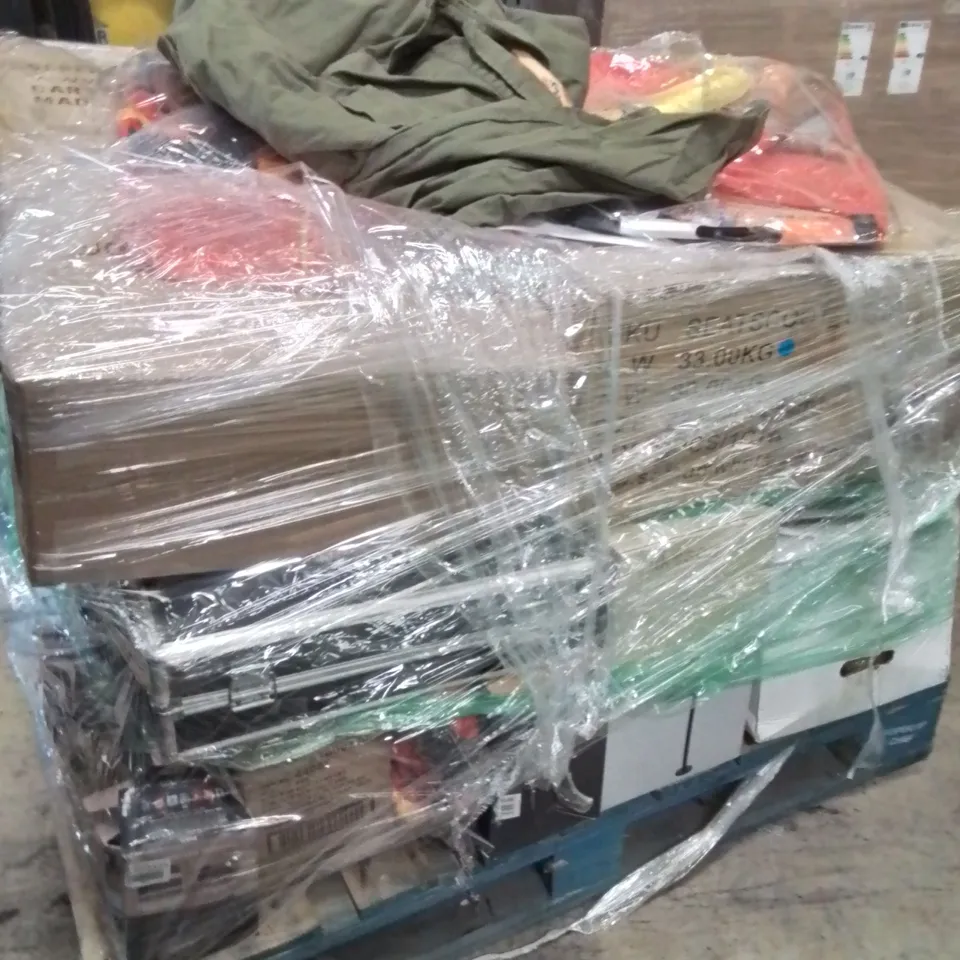PALLET OF ASSORTED HOUSEHOLD GOODS AND PRODUCTS TO INCLUDE;FIREMAN KIDS DRESS UP,OVERALLS,TONER CARTRIDGE,STEAM CLEANER 