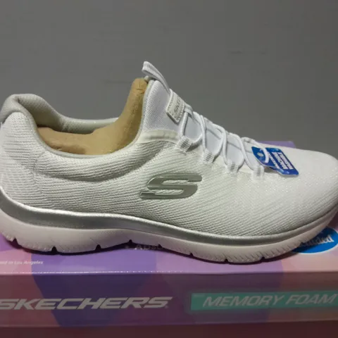 BOXED PAIR OF SKECHERS SUMMITS SLIP ONS IN WHITE - UK 5