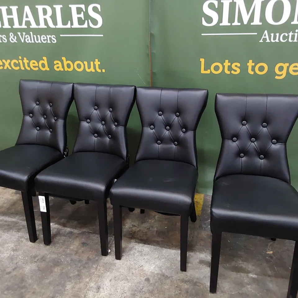 SET OF FOUR UPHOLSTERED BUTTONED RING BACK DINING CHAIRS BLACK PU WITH STUDDED DETAIL ON DARK WOOD 