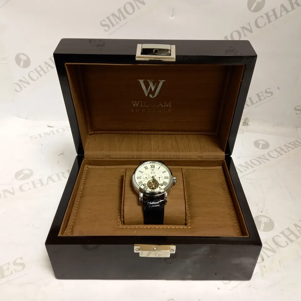 WILLIAM JOURDAIN PART SKELETON WAVE DIAL LEATHER STRAP WATCH