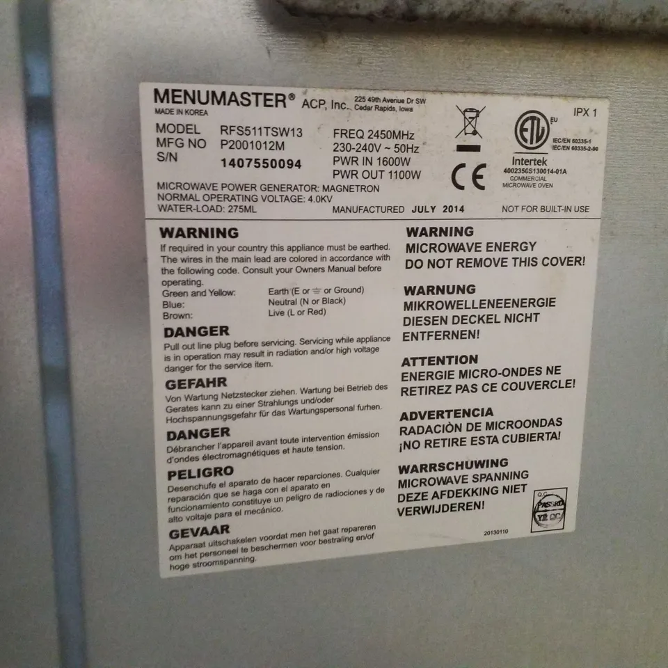 MENUMASTER COMMERCIAL MICROWAVE OVEN – MODEL RFS511TSW13