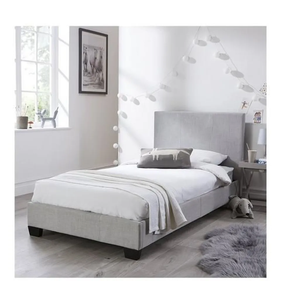 BOXED GRADE 1 RILEY FABRIC SINGLE BED FRAME - GREY (1 BOX)