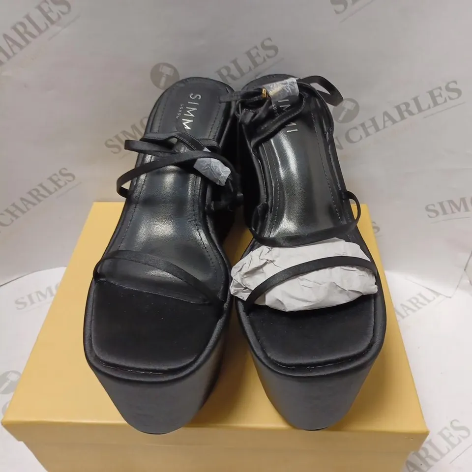 SIMMI BLAZE 1 PLATFORM HEELED SANDALS BLACK SATIN - SIZE UK