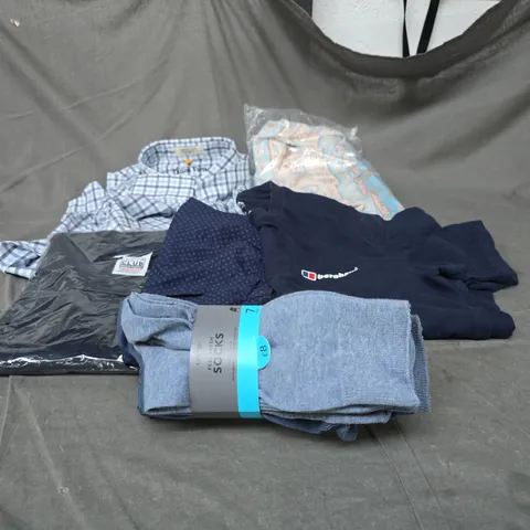 BOX OF APPROXIMATELY 30 ASSORTED ITEMS OF CLOTHING INCLUDING GEORGE SOCKS SIZE 9-12, PRO CLUB BLUE JUMPER SIZE XL, TAILOR VINTAGE BLUE CHECK SHIRT SIZE LARGE, AND BERGHAUS BLUE T SHIRT MEDIUM