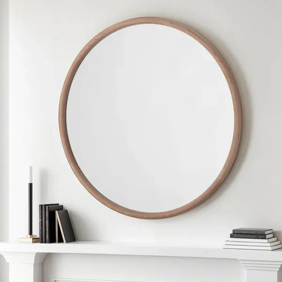 BOXED YEARN SOLID OAK ROUND WALL MIRROR 90cm (1 BOX)