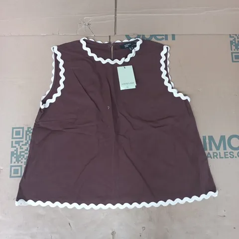 NOBODY'S CHILD RIC RAC TRIM SLEEVELESS SWING TOP IN CHOCOLATE BROWN SIZE UK 12